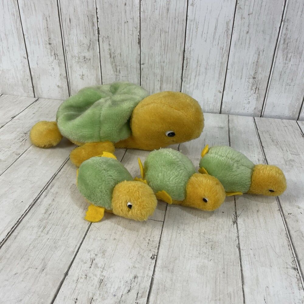 Vintage California Stuffed Toys Sea Turtle Plush Zippered Belly W/3 Babies 1980s